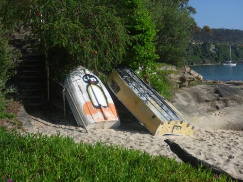 Two tinnies in their natural habitat, chained to a post on a beach.