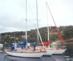 Three Tasman Seabird class yachts rafted up at Kettering, 1996, SAFARI, RONITA and CHERANA.