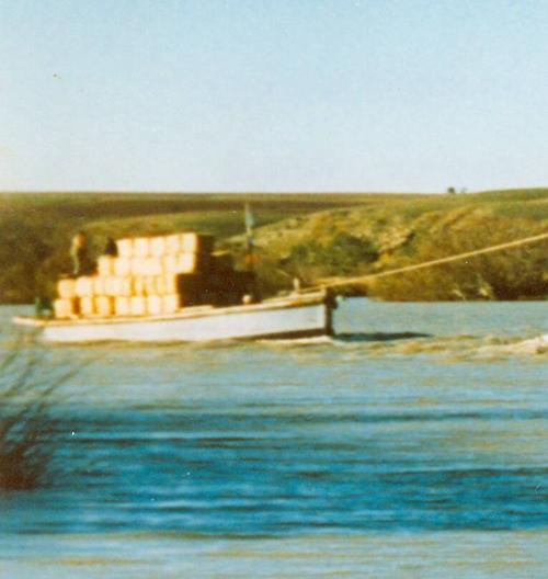 DART under tow on the Murray River with a 'display' load of wool bales.