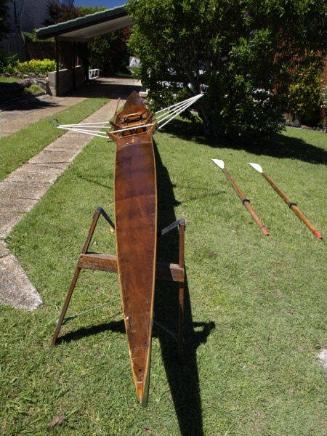 The cedar plywood deck on the Towns Clinker Scull