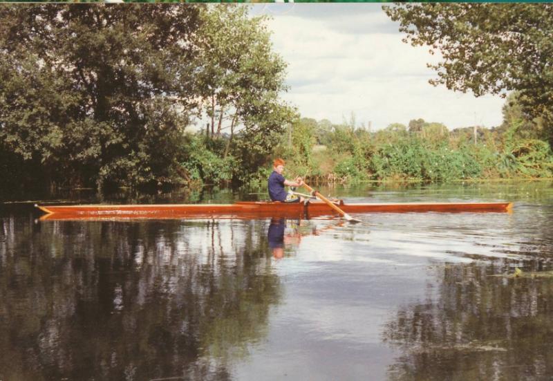 KINGFISH being sculled by the owners son in about 2000 after being refitted with new riggers, s…