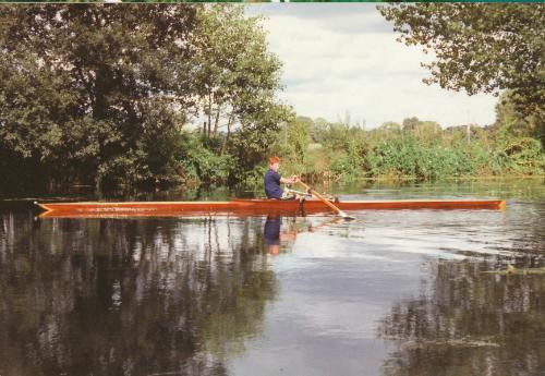 KINGFISH being sculled by the owners son in about 2000 after being refitted with new riggers, s…