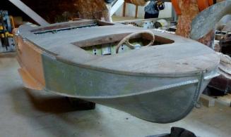 Bow view of the SEEBEE runabout on display at Lady Denman Heritage Complex