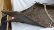 Bow detail showing the fish-tail shape, thinned bark on the interior and sewing arrangement